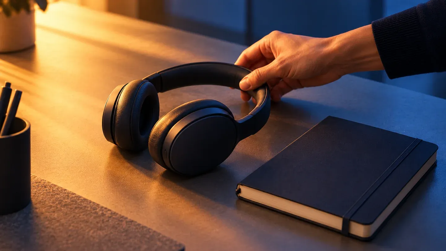 A hand resting on a pair of headphones beside a notebook on a desk.