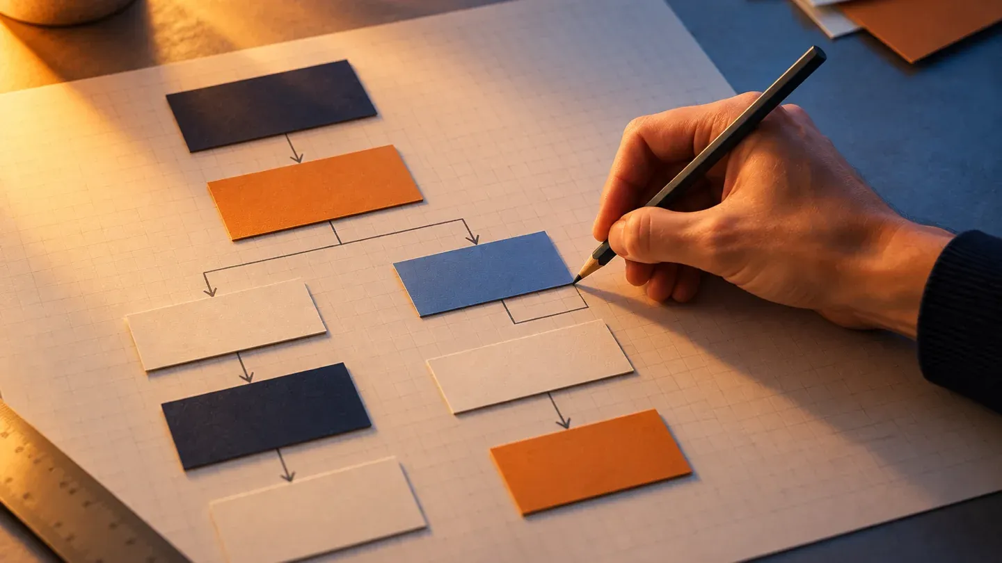 A hand drawing connections between coloured cards laid out as a flow diagram.