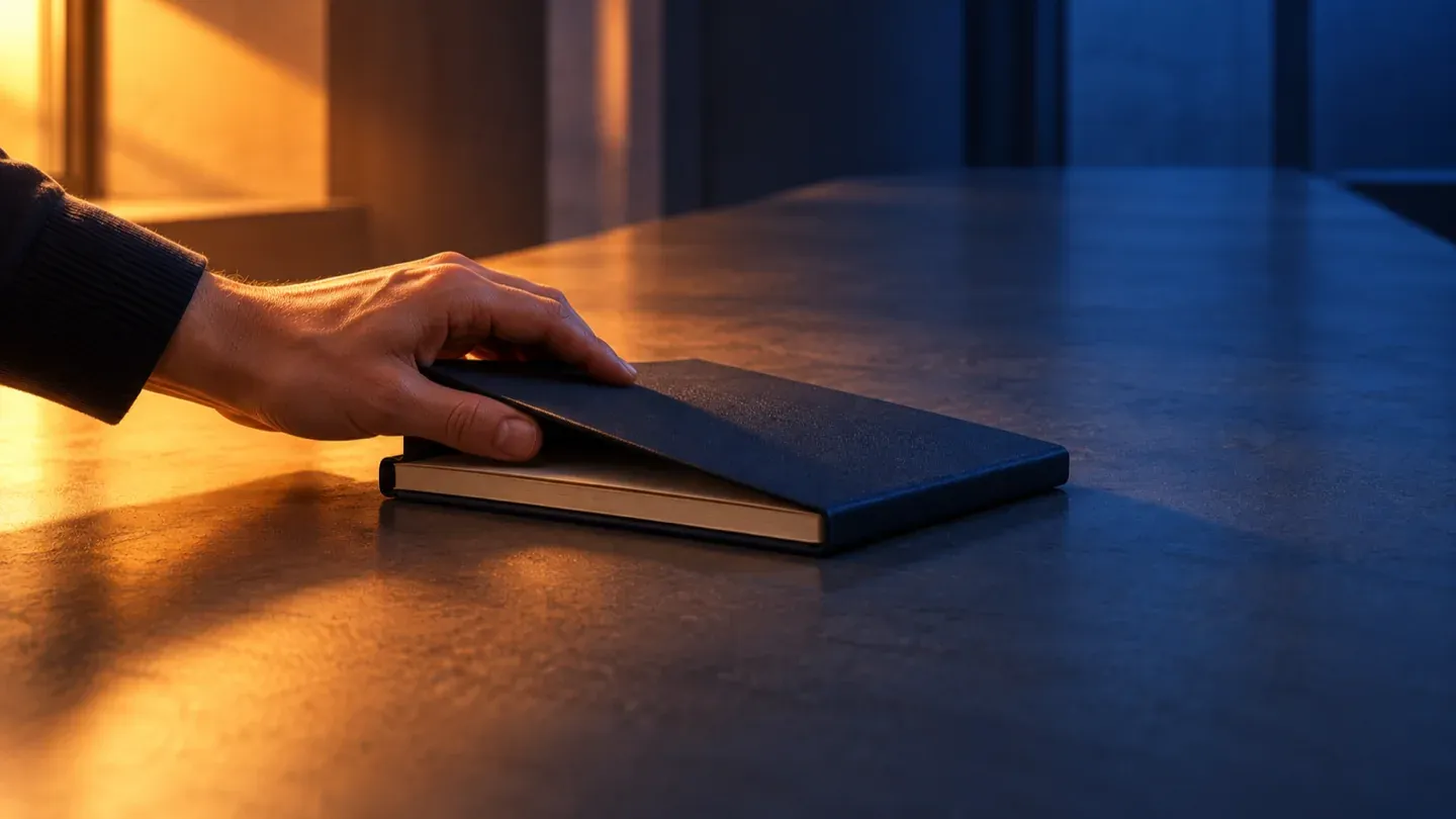 A hand resting on a closed notebook on a dark table.