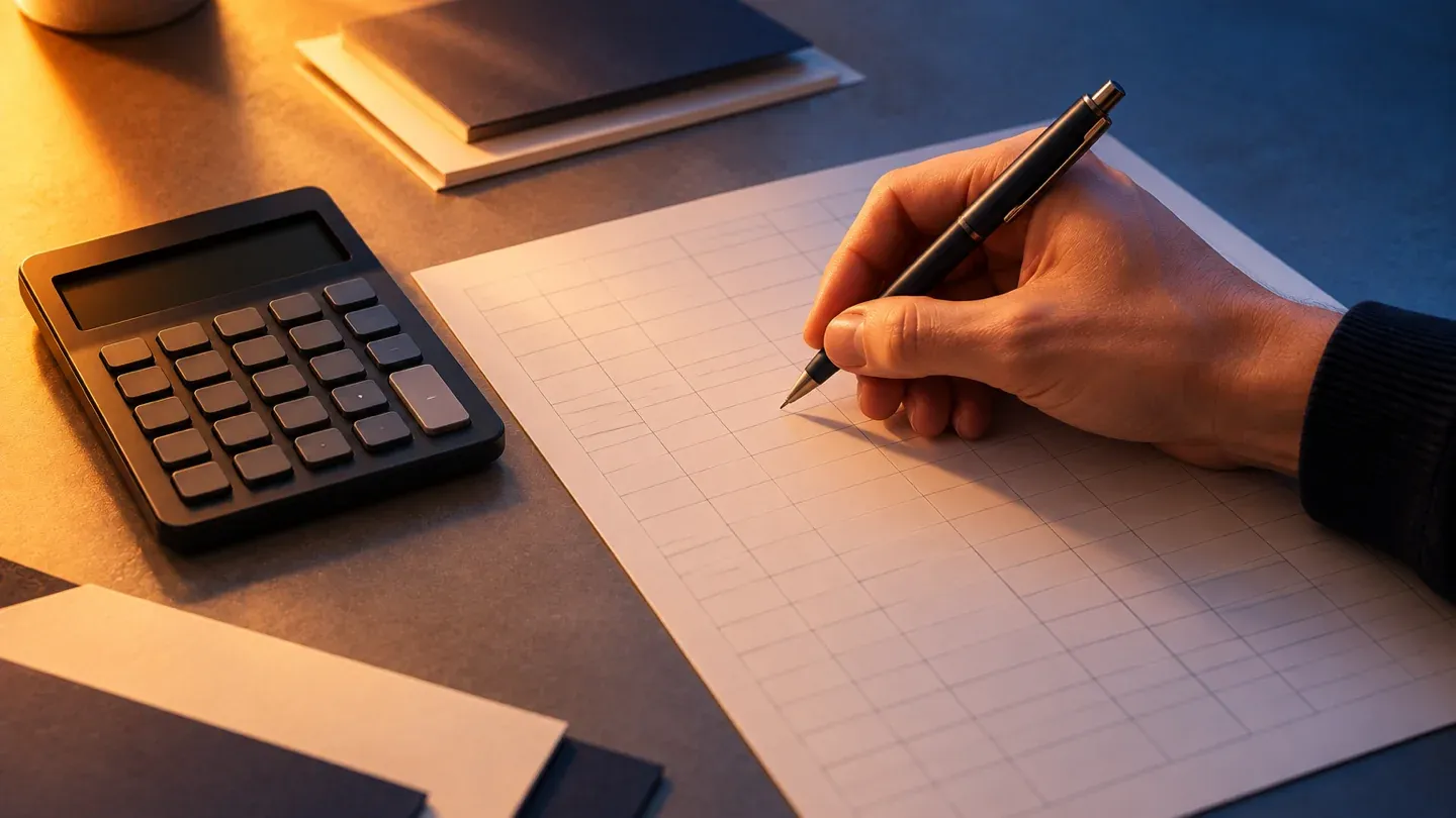 A hand writing on a gridded sheet beside a calculator.
