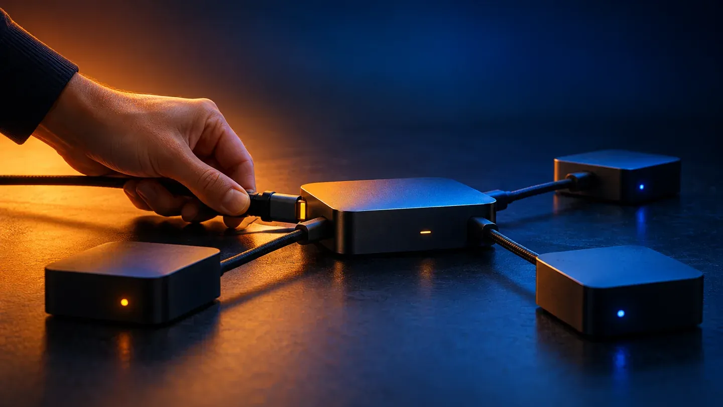 A hand connecting a cable to one of three small devices linked together.
