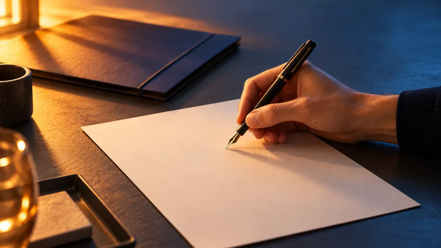 A hand signing a sheet of paper beside a closed notebook.