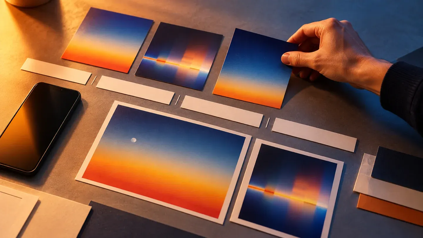 A hand arranging printed images and colour swatches on a table.