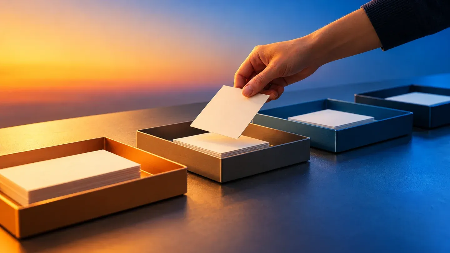 A hand placing a card into one of a row of sorting trays on a long table at dusk.