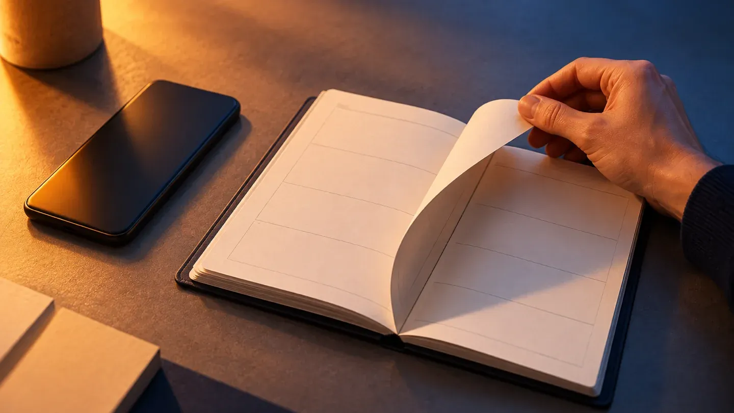 A hand turning the page of an open notebook beside a phone.