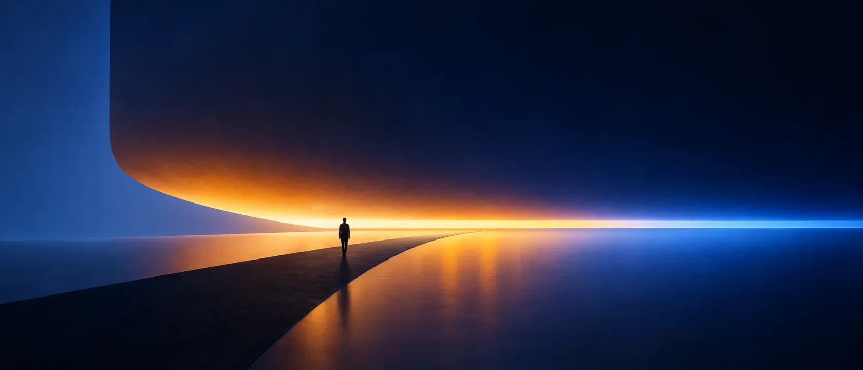 A lone figure on a curving path beneath a vast dark overhang, with a band of light running from amber to blue along the horizon.