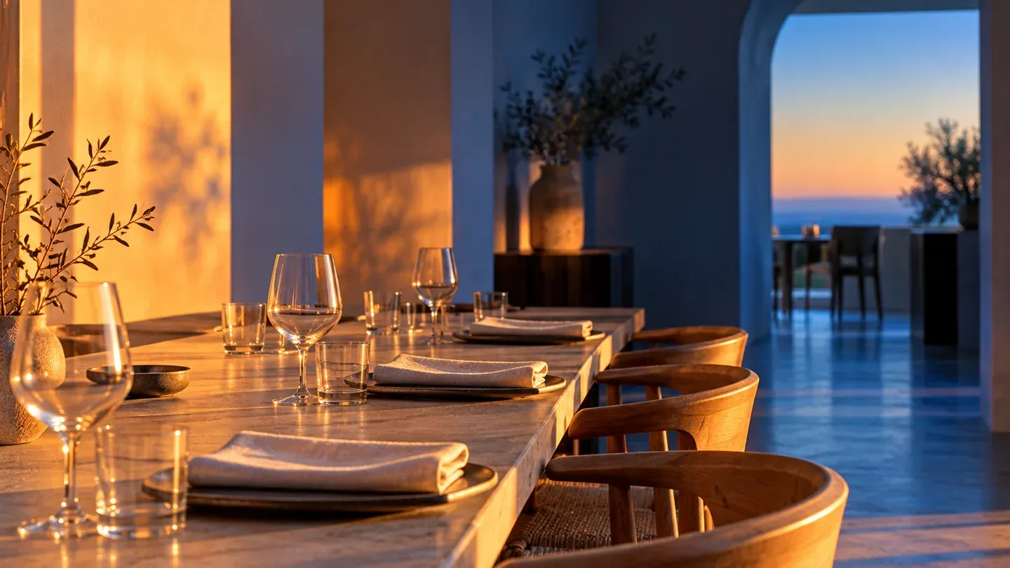 A long dining table set for service, lit by late sun, with a terrace open to the sea beyond.