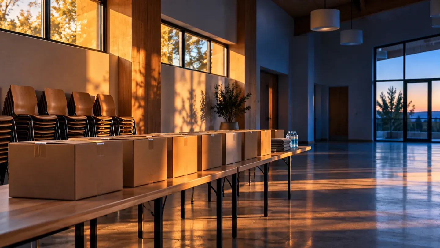A bright community hall with packed boxes lined up on long tables and chairs stacked by the wall.