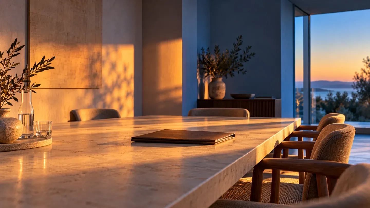A meeting table with a single closed folder, lit by low sun from a window over the water.