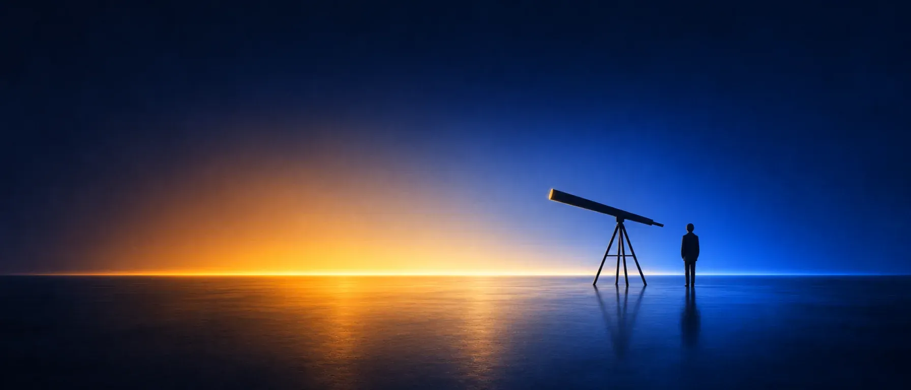 A lone figure beside a telescope on a tripod, facing a horizon where amber light meets blue.